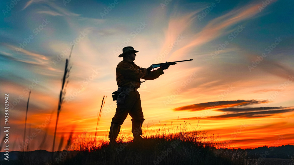 Hunter silhouette with rifle aiming at horizon during dusk