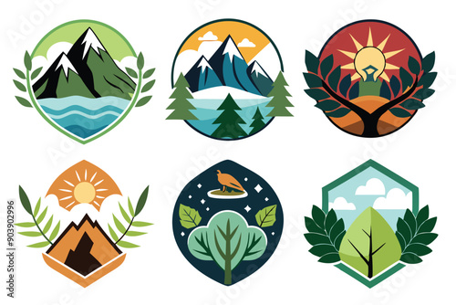 Set logo nature vector white background conveys organic concept with nature-themed graphical symbols, appropriate for designing organic product logos.