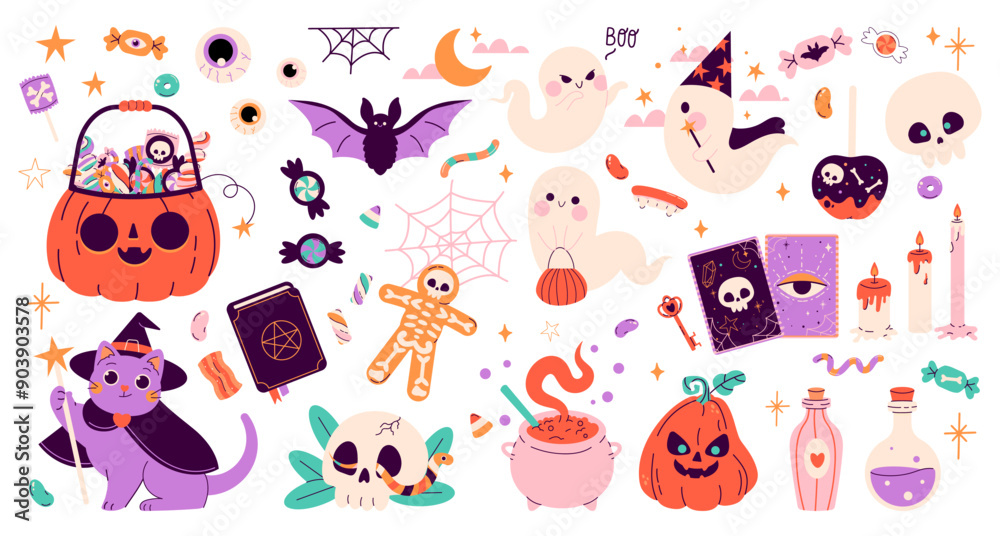 Fototapeta premium Happy Halloween stickers. Cute set of mascots pumpkin head, black cat, skeleton, ghost, eyes, bat, Halloween sweets and candies. Happy Halloween, trick or treat. Vector illustration in flat style