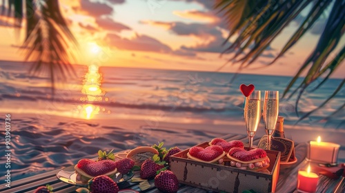 Romantic Sunset Picnic HeartShaped Sandwiches ChocolateDipped Strawberries and Champagne for a Dreamy Honeymoon Moment on the Beach photo