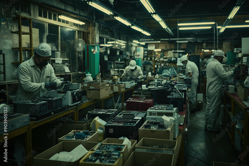 A specialized facility handling electronic waste, with workers dismantling old electronics and sorting components for recycling, showcasing the safe disposal of e-waste A specialized facility handling electronic waste, with workers dismantling old electronics and sorting components for recycling, showcasing the safe disposal of e-waste