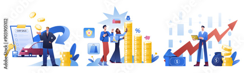 Financial literacy concept. Business investment, income growth, personal finance management or control of capital. Analyzing, planning budget, calculate profit. People saving money, managing expenses.