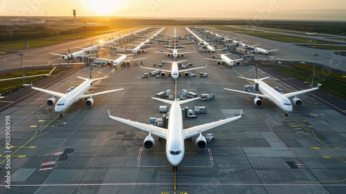 A futuristic airport with autonomous planes, advanced security systems, and AIdriven passenger services, highlighting the advancements in air travel