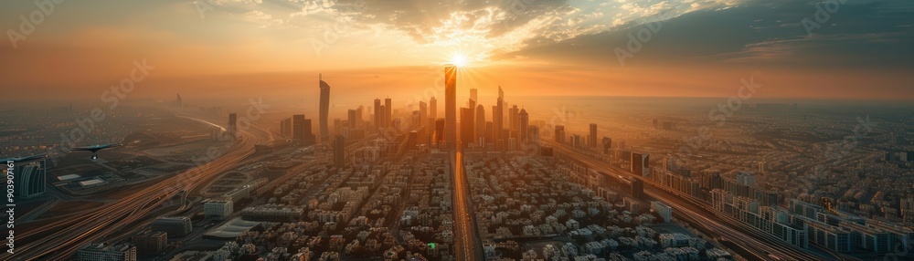 Obraz premium A futuristic cityscape with towering skyscrapers, flying cars, and advanced automation, showcasing the pinnacle of technological innovation and smart city infrastructure