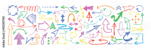 Hand drawn charcoal pencil arrows different shapes. Set of colorful doodle direction pointers, curved strokes, color chalk dashed lines, circular and wave design elements. Grunge crayon scribbles. © redgreystock