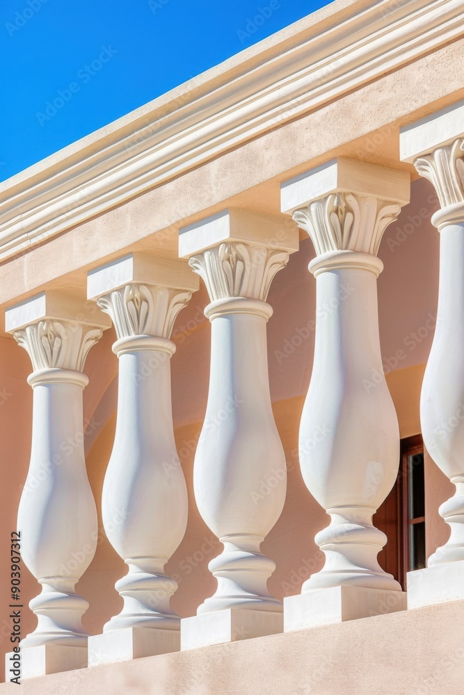 Fototapeta premium Elegant white balustrade and columns of classical building against clear blue sky