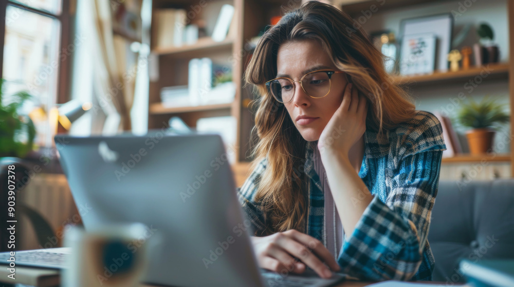 A woman is sitting at a desk with a laptop open in front of her, freelancer A woman is sitting at a desk with a laptop open in front of her, freelancer