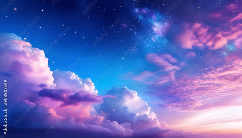 A heavenly clear sky of bright blues, purples, and pinks with ethereal, misty fluffy clouds with sparkles and copy space A heavenly clear sky of bright blues, purples, and pinks with ethereal, misty fluffy clouds with sparkles and copy space