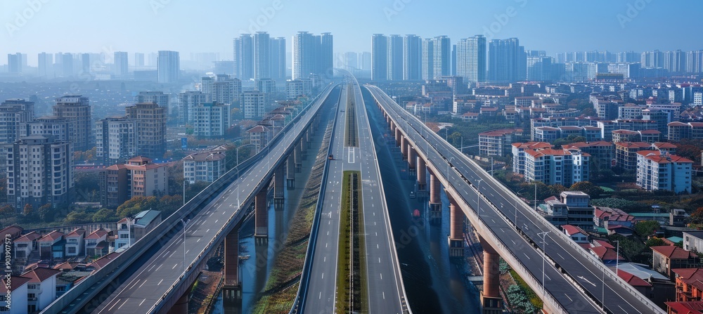 Obraz premium Highway overpass with cityscape building. Generative AI technology. 