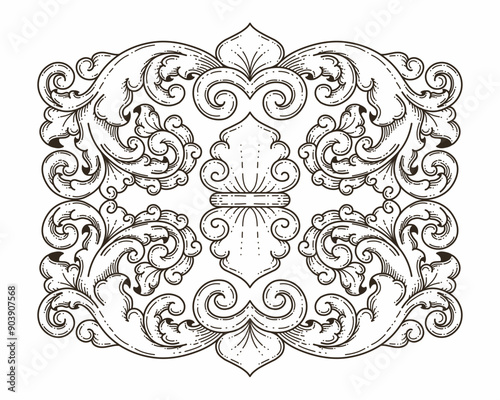 Isolated ornamental design. Ornamental elements for your designs. Black and white colors. Floral carving decoration for postcards, invitations, social media or wedding.