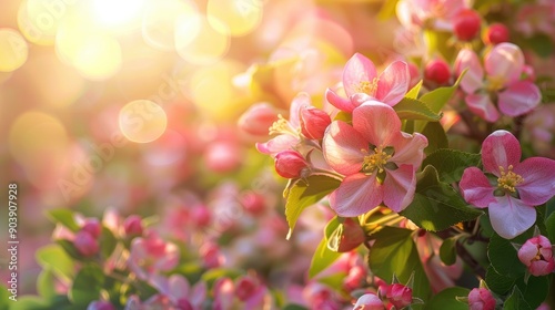 Apple flower background in morning sunlight