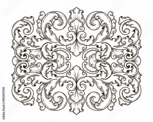 Isolated ornamental design. Ornamental elements for your designs. Black and white colors. Floral carving decoration for postcards, invitations, social media or wedding.