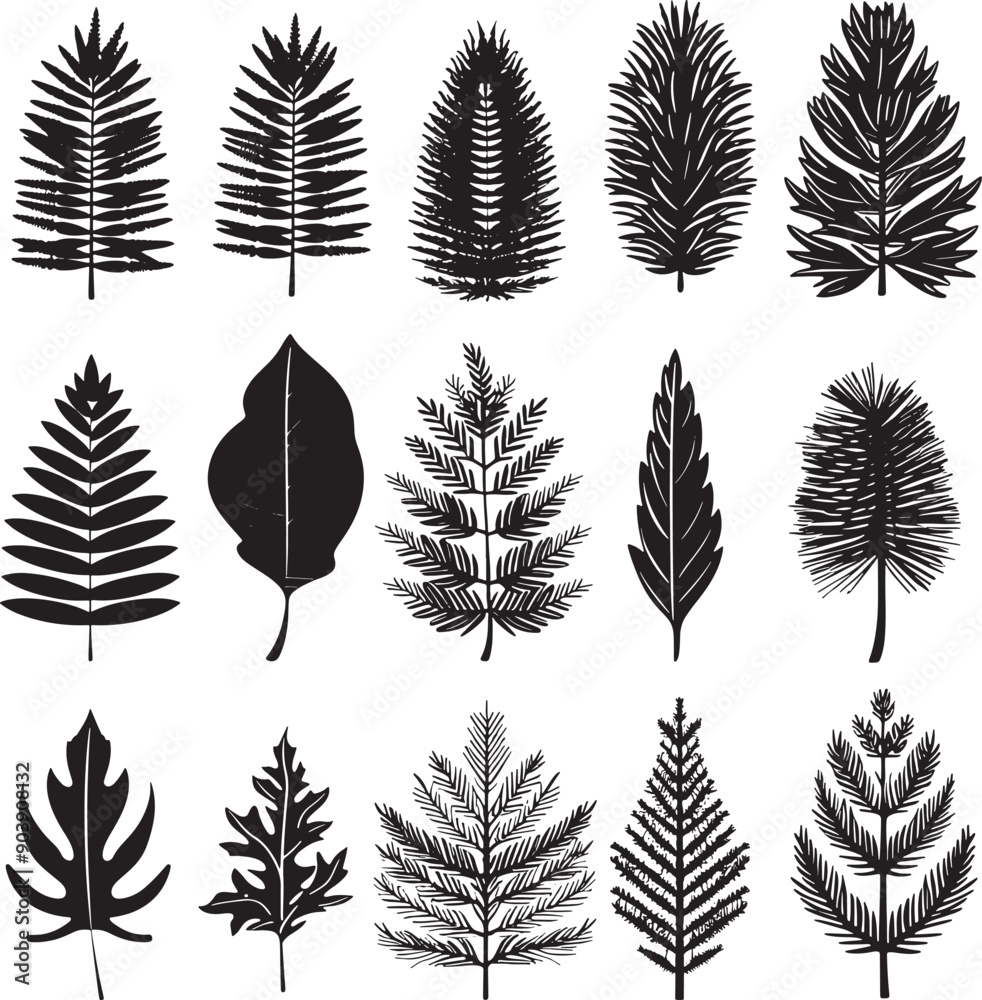 set of silhouettes of leaves Pine tree vector silhouette tree vector