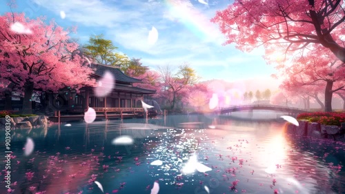 Tranquil Japanese Garden with Cherry Blossoms.