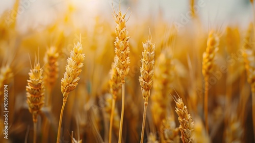 A closeup of golden wheat stalks in the foreground, with an out of focus field of grain behind them.