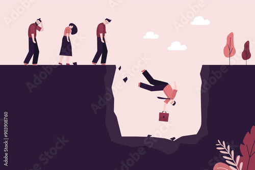 Boss leads employees to the wrong way. Leader choose false direction. Bad money and risk management. Way to financial crisis, company bankrupt. Follower falls off a cliff.