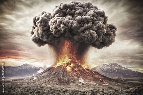 Daytime Volcanic Eruption with Ash Cloud and Lava Explosion