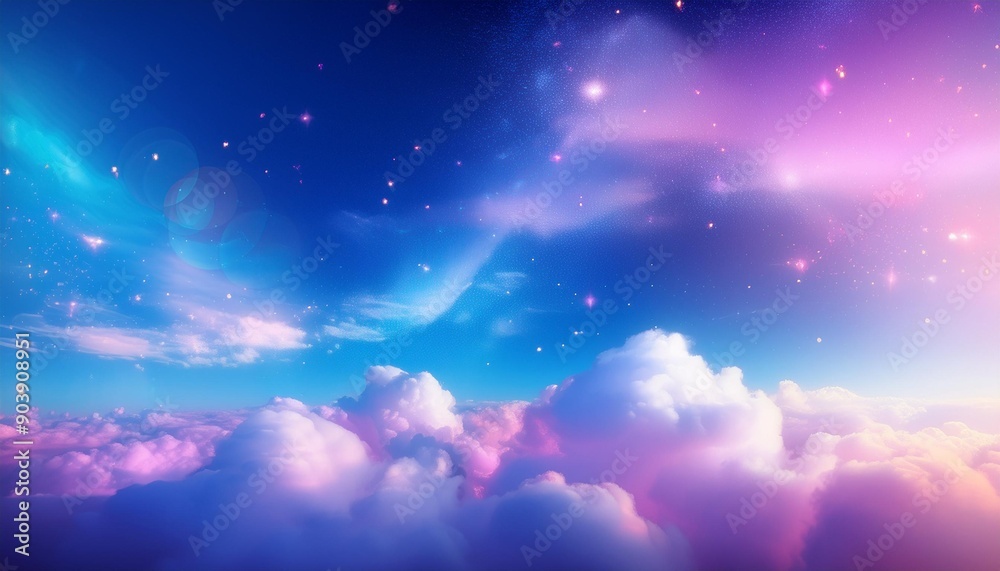 A heavenly clear sky of bright blues, purples, and pinks with ethereal, misty fluffy clouds with sparkles and copy space A heavenly clear sky of bright blues, purples, and pinks with ethereal, misty fluffy clouds with sparkles and copy space