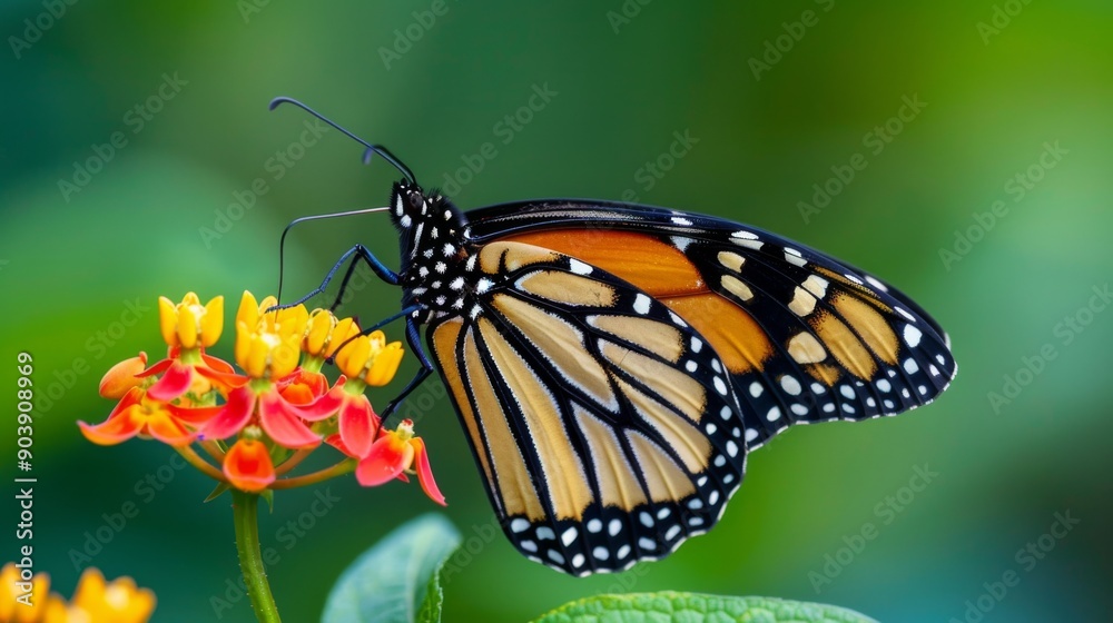 Closeup Shot of a Vibrant Monarch Butterfly on Bright Yellow and Red Flower Closeup Shot of a Vibrant Monarch Butterfly on Bright Yellow and Red Flower