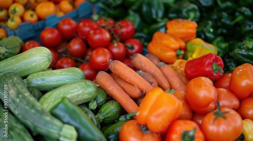 A colorful assortment of vegetables including carrots, tomatoes, and peppers. Concept of freshness and abundance, showcasing the variety of produce available