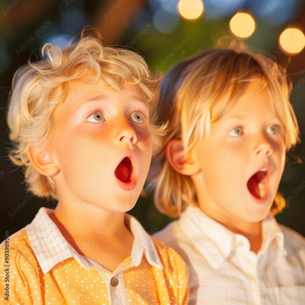 Two excited young boys with open mouths and surprised expressions in colorful portrait Two excited young boys with open mouths and surprised expressions in colorful portrait