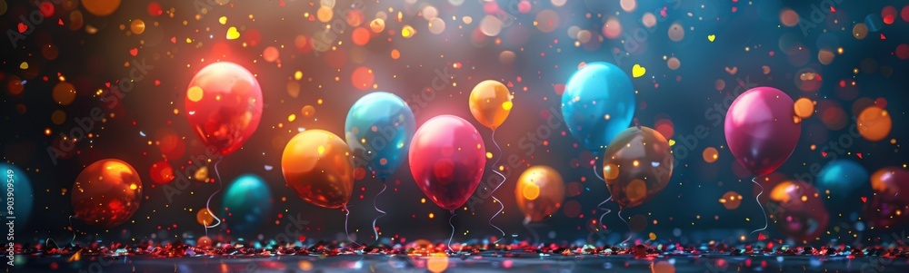 Balloons are floating in the air with confetti and streamers Balloons are floating in the air with confetti and streamers