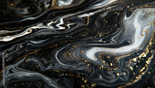 Abstract Black, White, and Gold Swirling Liquid Art photo