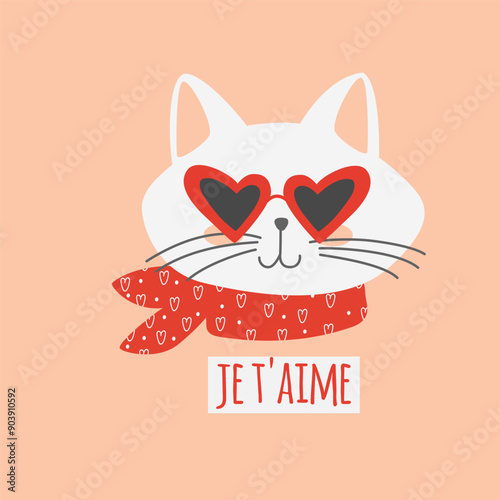 Cute cat in sunglasses with je t'aime word, i love you in French. Characters, stickers, t-shirt designs.