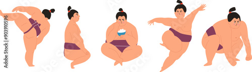 Sumo wrestler character in variety poses and emotions. Sport person, workout, fight, eating, dancing.
