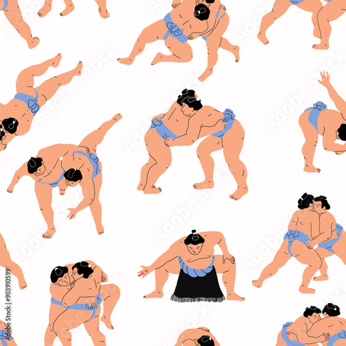 A seamless pattern made with sumo wrestlers in minimal art style. Traditional japanese sport.