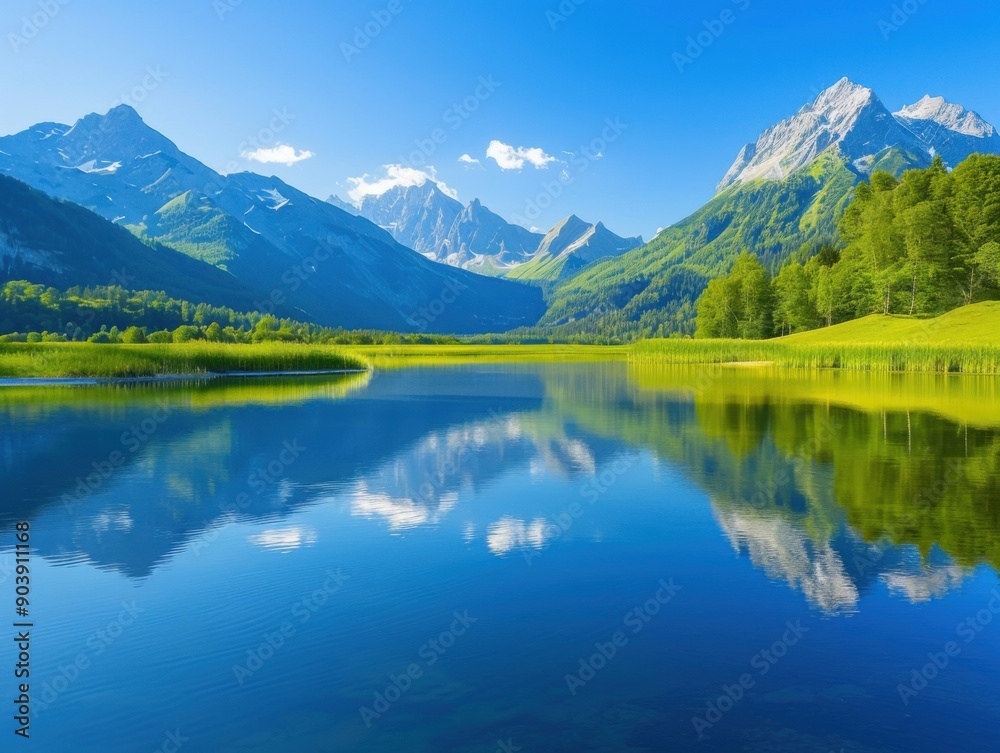 Stunning mountain landscape reflected in crystal clear lake with lush green shoreline Stunning mountain landscape reflected in crystal clear lake with lush green shoreline