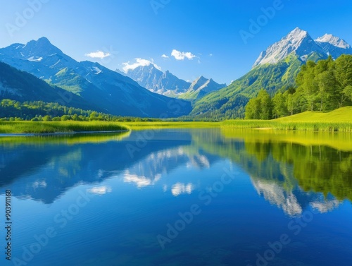 Stunning mountain landscape reflected in crystal clear lake with lush green shoreline