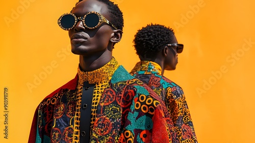 Wallpaper Mural Bold Reflection: A fashion-forward model with bold sunglasses and a vibrant patterned jacket, poses with his reflection against a vivid orange backdrop. Torontodigital.ca