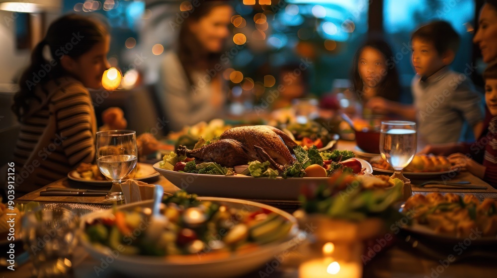 A family is gathered around a large table with a variety of food, including a salad and a turkey. The atmosphere is warm and inviting, with everyone enjoying each other's company A family is gathered around a large table with a variety of food, including a salad and a turkey. The atmosphere is warm and inviting, with everyone enjoying each other's company