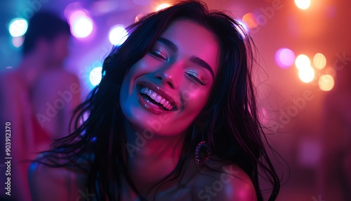 Attractive woman with long black hair, laughing and dancing in dark neon lights, minimalistic backdrop