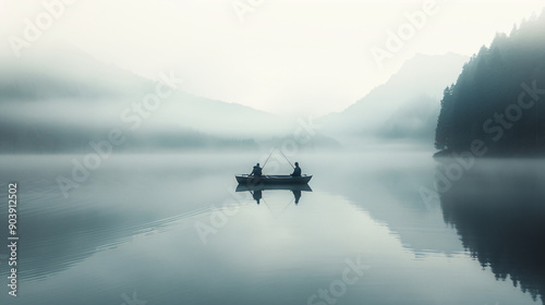 Two fishermen in a boat on a misty lake surrounded by forested mountains at sunrise. Design for nature photography, poster, and landscape. Panoramic view with copy space
