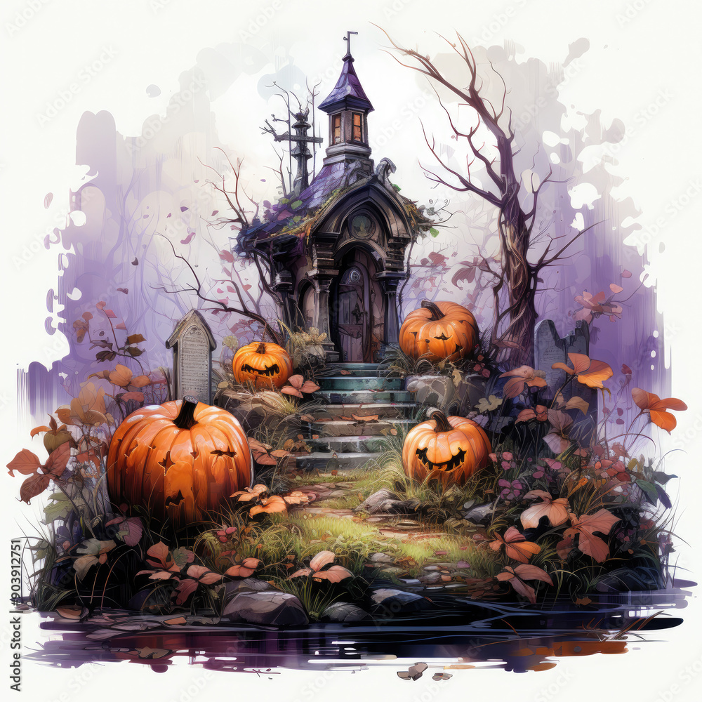 Watercolor Tombstone halloween, clipart Illustration, Generative Ai