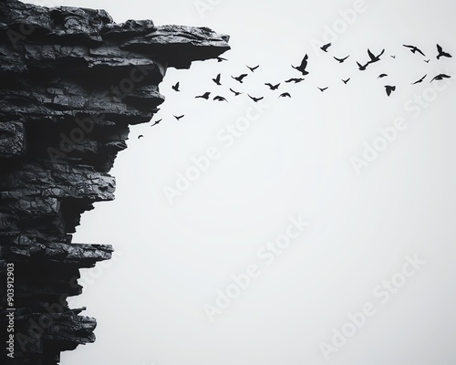 Rocky cliffs, nesting seabirds, ocean focus on Dramatic landscape and wildlife Double exposure silhouette with majesty photo