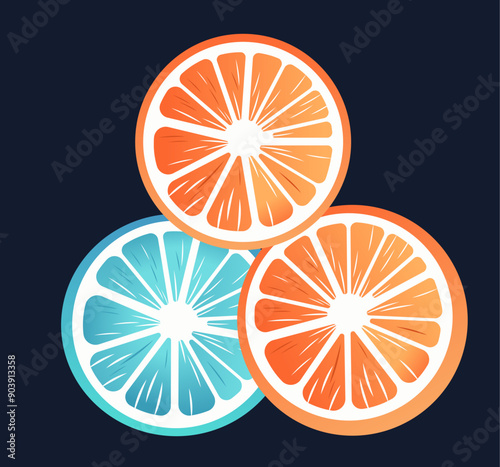 Three citrus fruit slices in orange and blue on dark background
