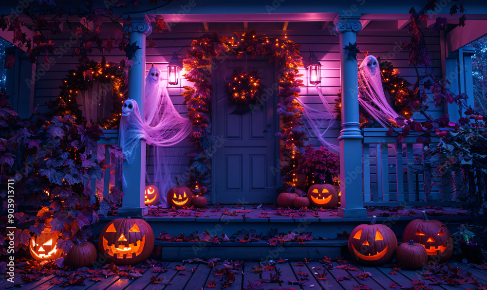 Carved pumpkin lanterns with glowing faces on a porch decorated with Halloween lights and autumn leaves. Halloween decoration concept. Design for banner, card, and poster. Closeup view with copy space Carved pumpkin lanterns with glowing faces on a porch decorated with Halloween lights and autumn leaves. Halloween decoration concept. Design for banner, card, and poster. Closeup view with copy space