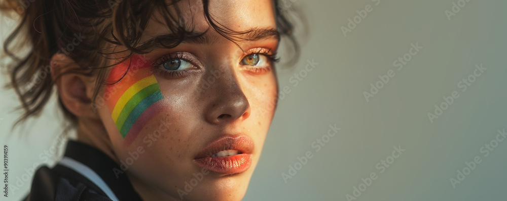 Young woman showcasing vibrant lgbt-themed makeup in natural light. Rainbow design, suggesting a celebration of identity and pride Young woman showcasing vibrant lgbt-themed makeup in natural light. Rainbow design, suggesting a celebration of identity and pride