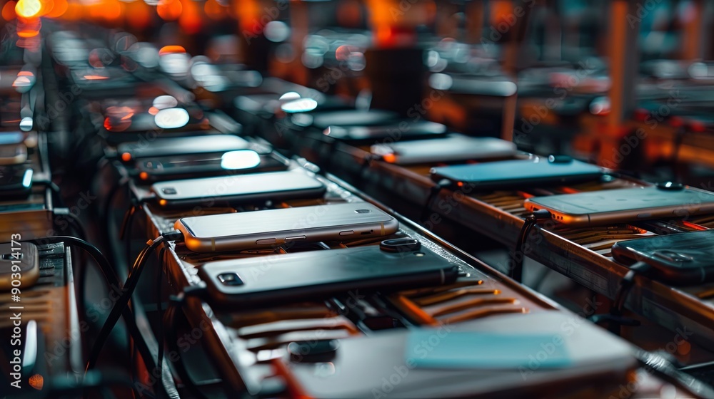 Production of smartphones on an assembly line Production of smartphones on an assembly line