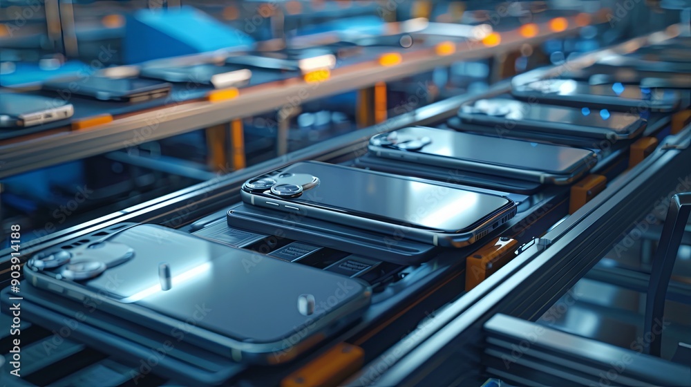Production of smartphones on an assembly line Production of smartphones on an assembly line