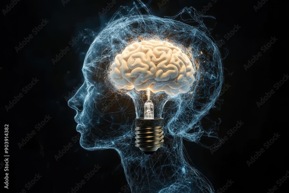 Human brain connected to light bulb showing creativity Human brain connected to light bulb showing creativity