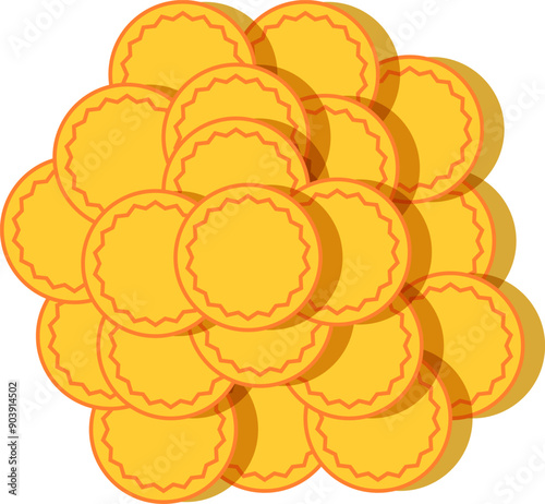 Geometric composition of pile of golden coins with shadows drawing in flat style