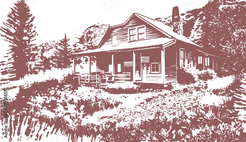 Countryside landscape wallpaper illustration drawing in woodcut style with cabin on transparent background