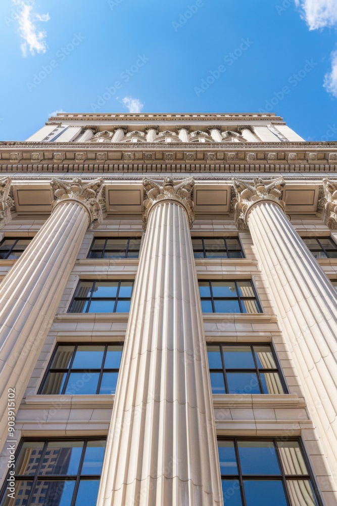 Majestic neoclassical building facade with tall white columns against blue sky Majestic neoclassical building facade with tall white columns against blue sky