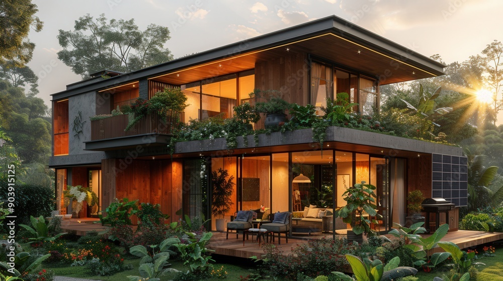 Environmentally friendly modern home with green garden and energy efficient systems. Environmentally friendly modern home with green garden and energy efficient systems.