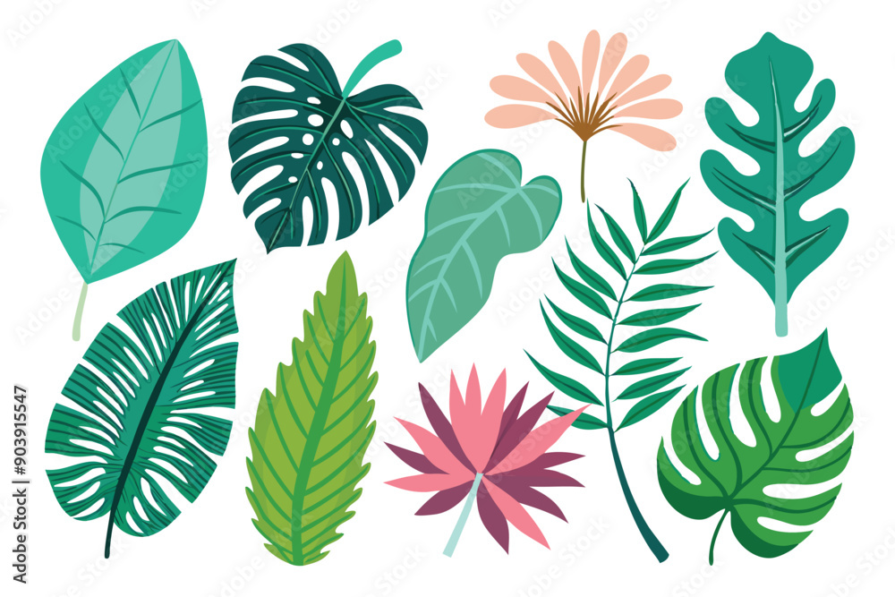 Set leaves tropical in various shades of green on white background with dark shadows Set leaves tropical in various shades of green on white background with dark shadows