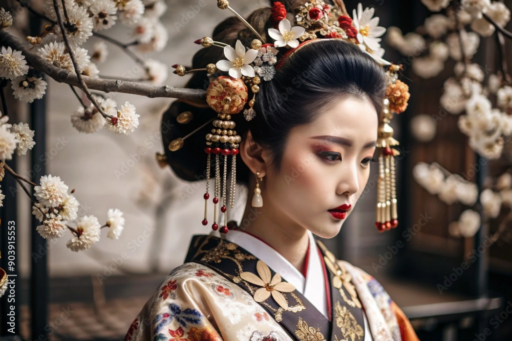 A Japanese girl in a traditional national costume - a kimono. Against the background of houses, lanterns and cherry trees. The portrait symbolizes the traditions and culture of the people of Japan. A Japanese girl in a traditional national costume - a kimono. Against the background of houses, lanterns and cherry trees. The portrait symbolizes the traditions and culture of the people of Japan.